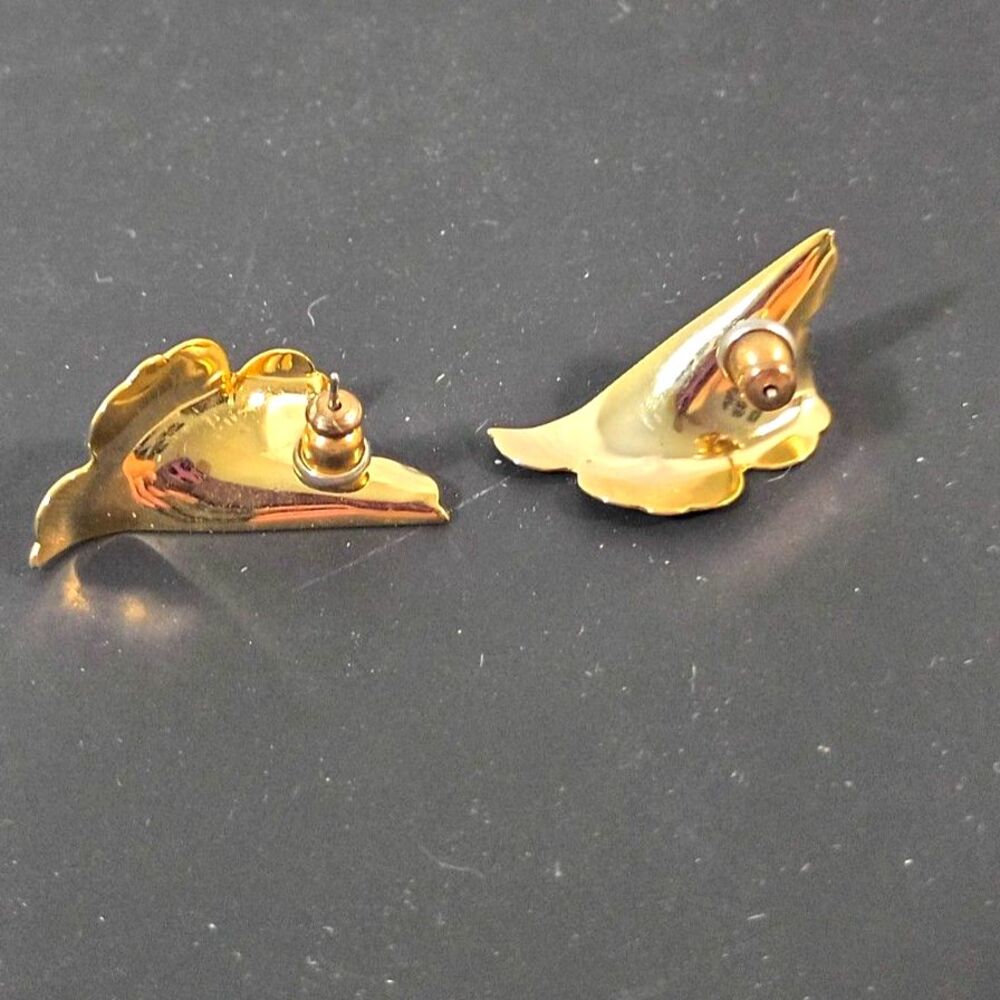Vintage Gold Tone Sculptural Leaf Statement Pierced Dangle Earrings